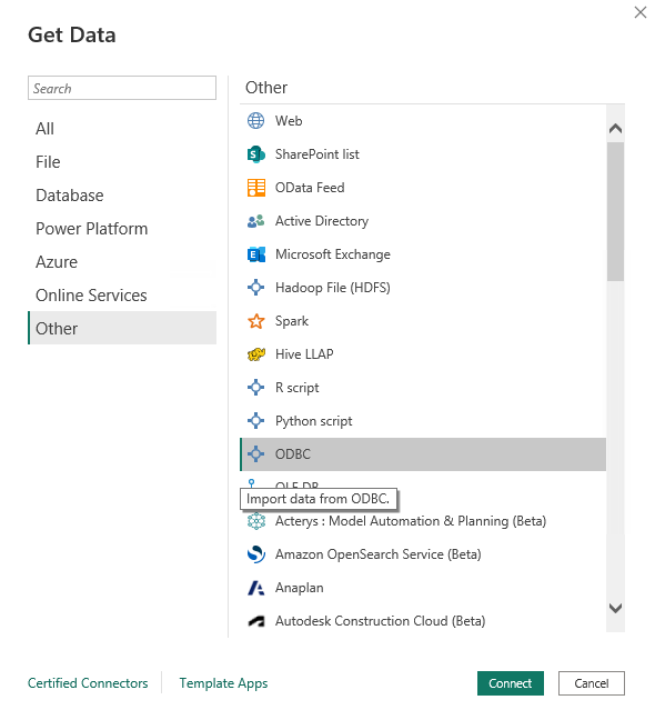 Диалог Power BI Get Data с выбранным вариантом ODBC в категории Other