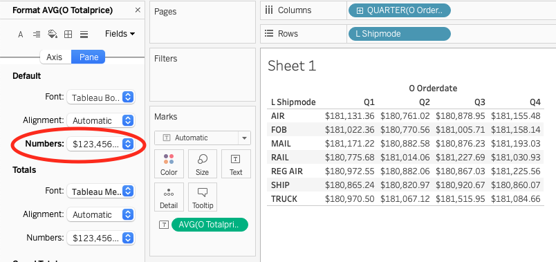 Табличное предс�тавление Tableau, показывающее среднюю стоимость заказа по кварталам и способам доставки с форматированием валюты